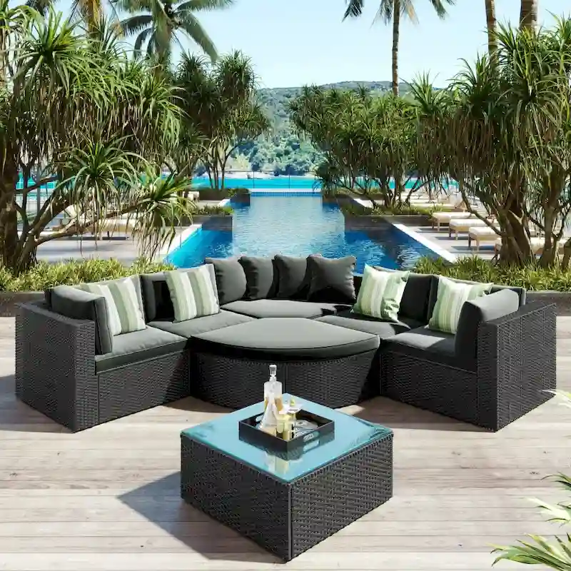 Outdoor Wicker 7-piece Sofa Set with Gray Cushions and Glass Table