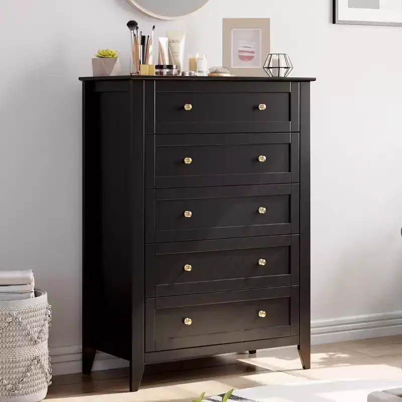 5 Drawers Dresser for Bedroom, Farmhouse Tall Wood Chest of Drawers for Clothes, Big Storage Dressers Organizer with Gold Handles & Deep Drawers