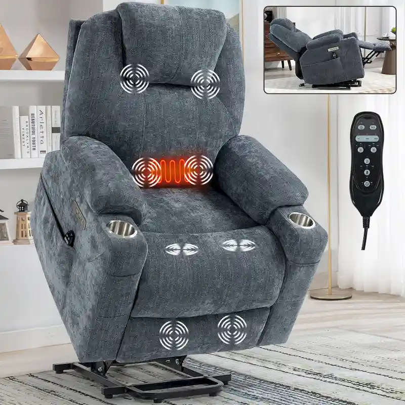 Okin motor Up to 350 LBS Chenille Power Lift Recliner Chair, Heavy Duty Motion Mechanism with 8-Point Vibration Massage and Lumb