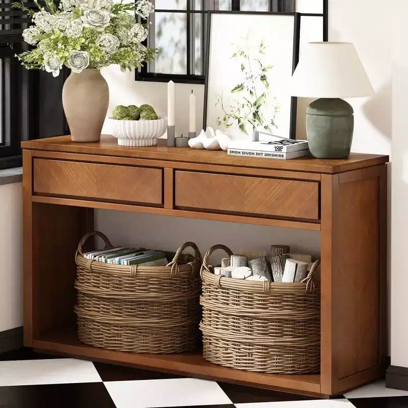 Rustic Console Table with Storage, Farmhouse Entryway Table with Drawers and Open Shelf, Wood Vintage Sofa Table for Hallway