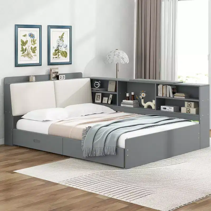 Full Size Platform Bed with Storage Headboard, Shelves and 2 Drawers