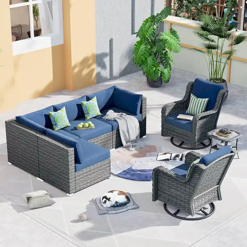 OVIOS 7-piece Rattan Wicker Patio Furniture Set Swivel Rocking Chair Set