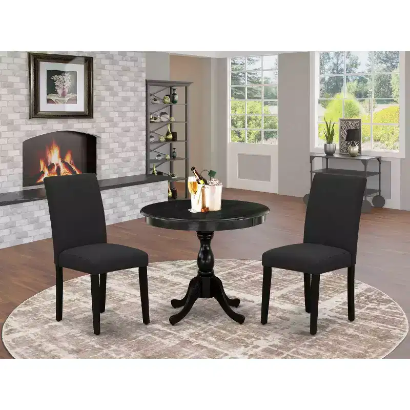HomeStock Belmont 3 Piece Dinette Sets Contains 1 Wooden Dining Table and 2 Black Linen Fabric Dinning Chairs , High Back ? Wire Brushed Black Finish