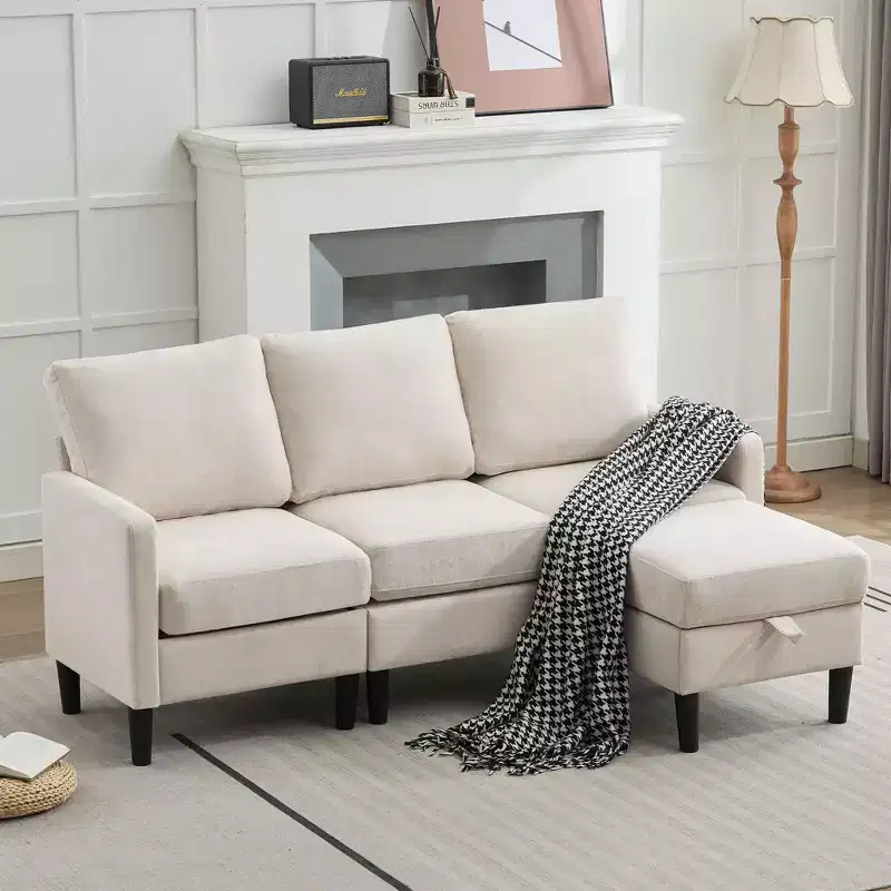 HYLEORY L-Shaped Convertible Sectional Sofa Couch 3 Seater with Linen Fabric, Complete with Ottoman, for Living Room, Apartment and Office