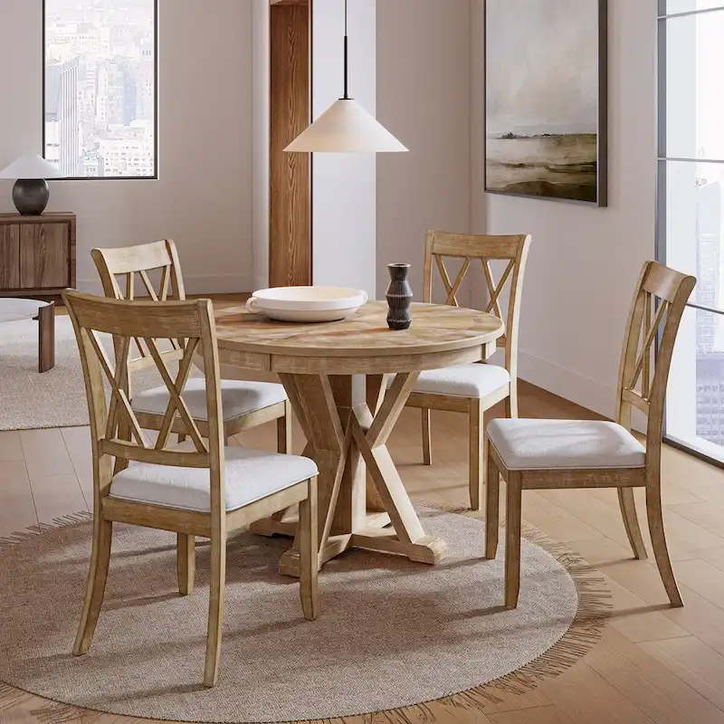 Nuria Farmhouse 5-Piece Round Natural Dining Set with 4 Chairs and Round Table by HULALA HOME