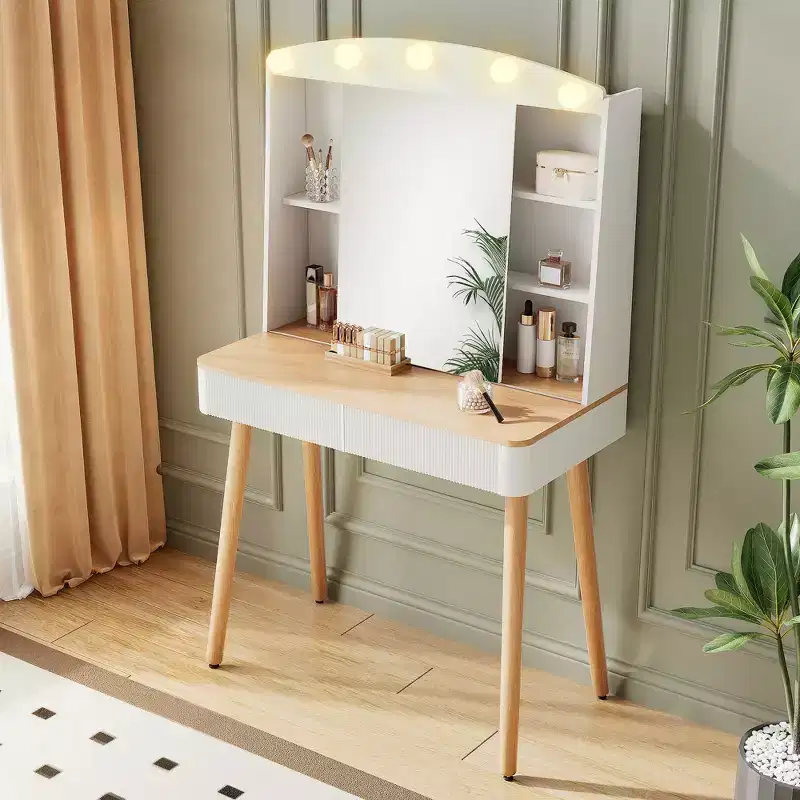 Modern Makeup Vanity Desk with Sliding Mirror & Large Storage - White