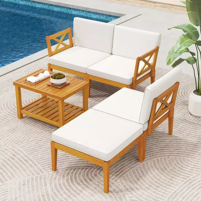 Costway 5 PCS Acacia Wood Patio Furniture Set with 2-Tier Coffee Table and Cushions