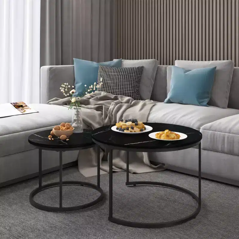 Set of 2 Nesting Coffee Table Round End Table Marble Side Table,Black/White/Brown