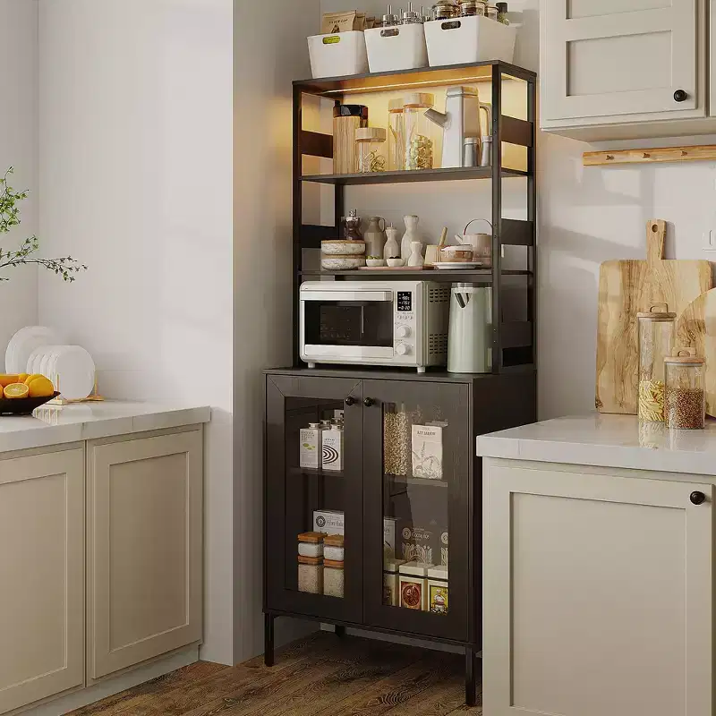 Multi-Function Kitchen Pantry Cabinet with Outlets & LED Lights, Glass Door Storage