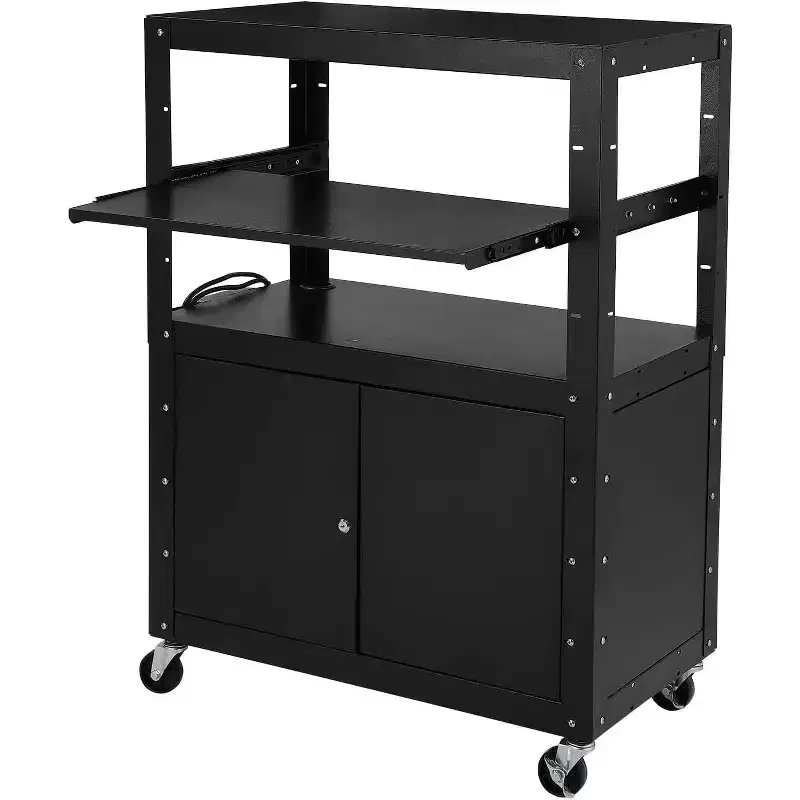 Height Adjustable AV Cart with Lockable Storage, 4 Swivel Casters/2 Locking Brakes/16.4ft Power Cord/Durable Cold Rolled Steel, Classroom&Garage
