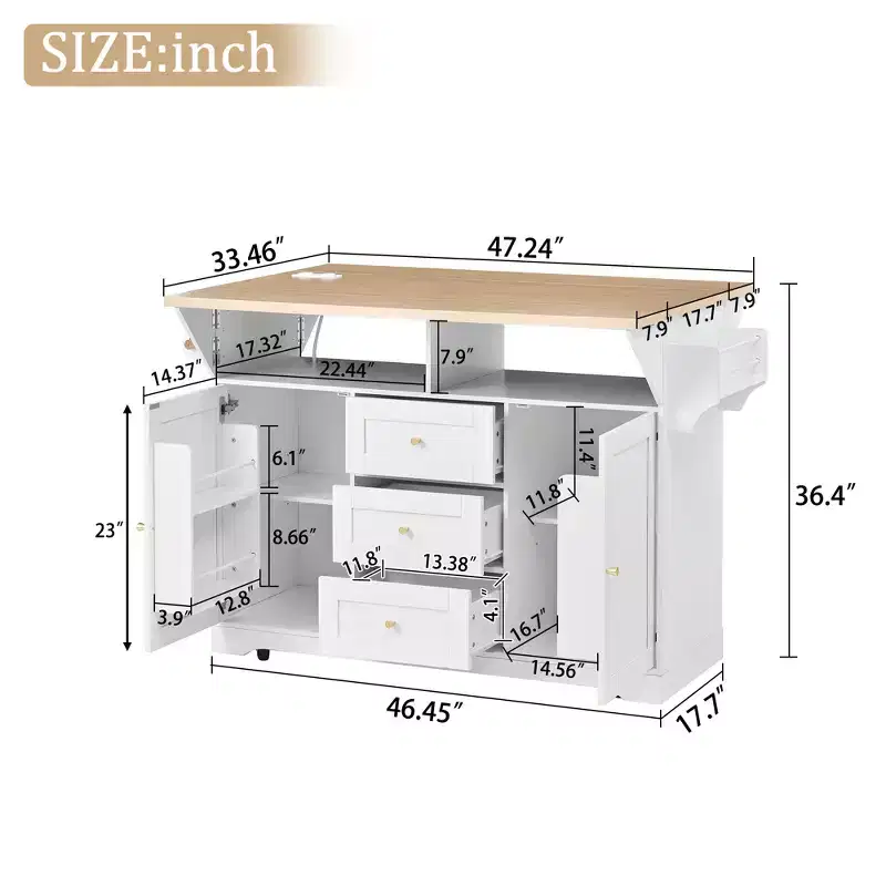 Rolling Kitchen Island with Power Outlet, Spice Rack & 2 Drop Leaf