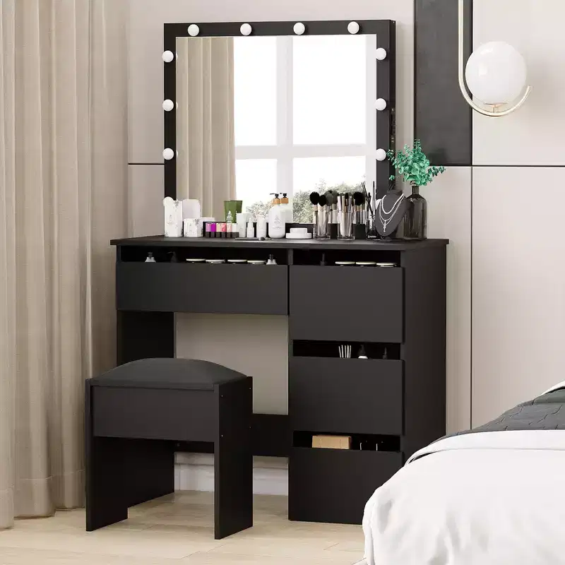 Vanity Bench with Soft Padded Cushion, Makeup Stool, Sturdy Seat for Bedroom and Dressing Room, Black