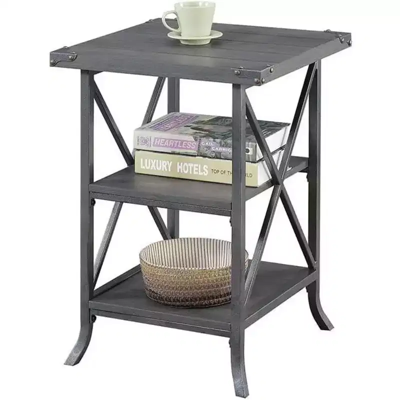 Gray Metal End Table with 2 Shelves – 24.5