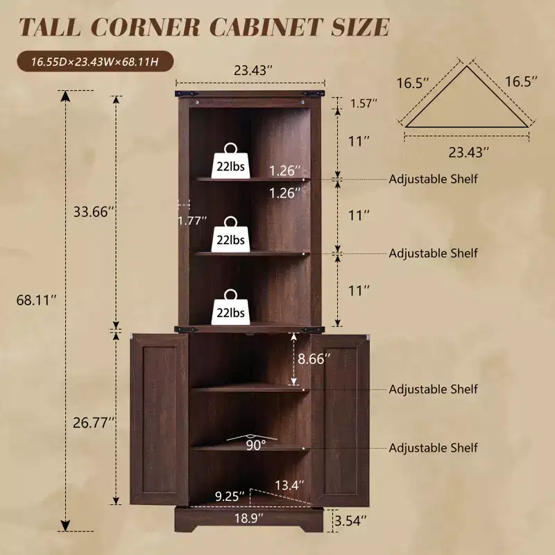 AMERLIFE Farmhouse 68 Tall Corner Cabinet, Tall Storage Cabinet with Barn Door