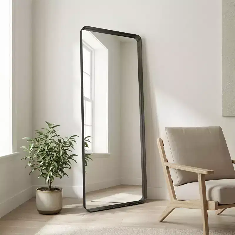 Likepay Full-Length Large Black Metal Floor Mirror with Rounded Corners, Modern Minimalist Design