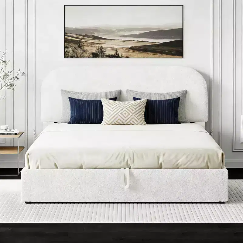Queen Size Upholstered Bed With Lift Up Storage, White