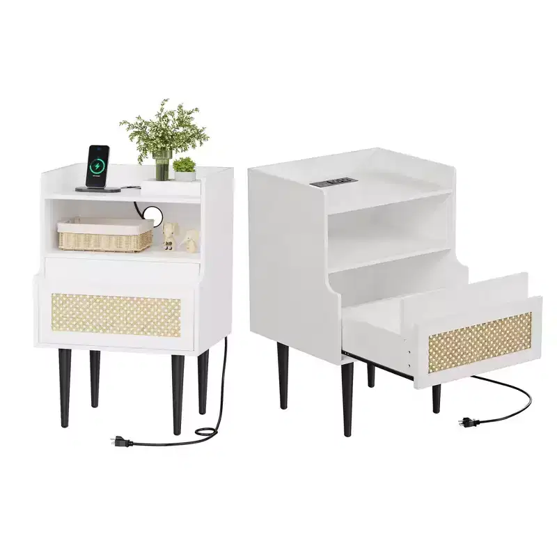 Nightstands Set of 2, TruAIR Rattan Beside Table with Drawer & Charging Station, White Wood End Table