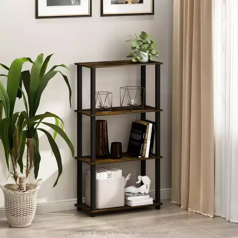 4-Tier Multipurpose Display Rack Storage Shelving Unit with Square Tube Open Bookshelf, Amber Pine/Black