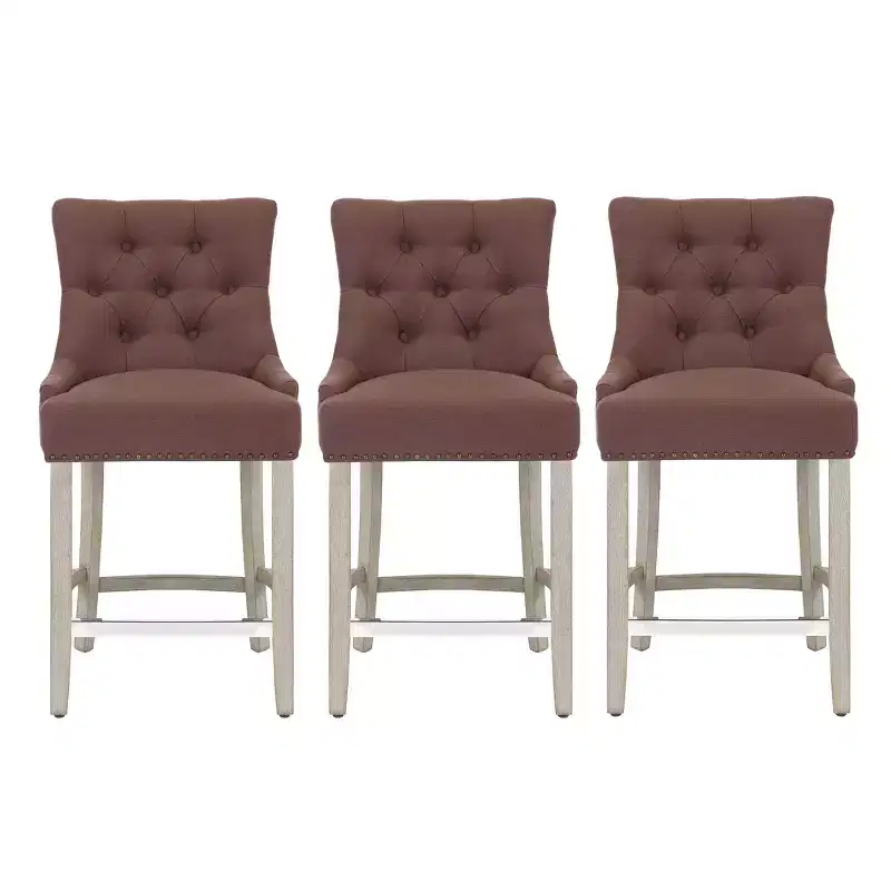 WestinTrends 24 Linen Tufted Buttons Upholstered Wingback Counter Stool (Set of 3), Brown
