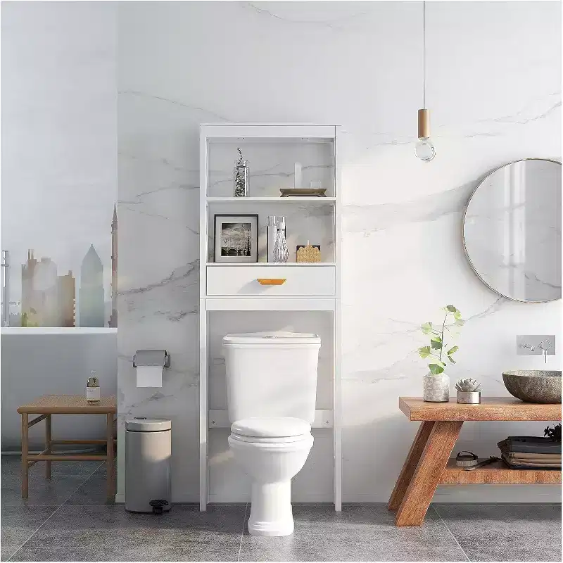 Acekool Bathroom Over Toilet Storage Cabinet with 1 Drawer and 2 Open Shelves, Freestanding Wooden Storage Shelf for Bathroom White