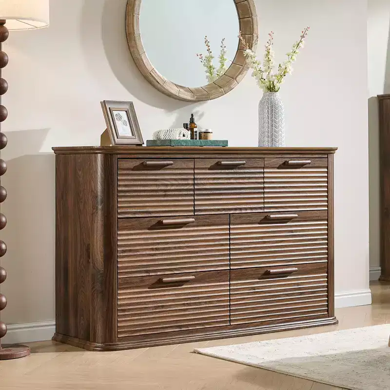 JVNOXK 52 Inch Modern Wooden Seven-Drawer Cabinet, Suitable for Bedroom, with Curved Contour Design, Living Room Storage Cabinet, Walnut