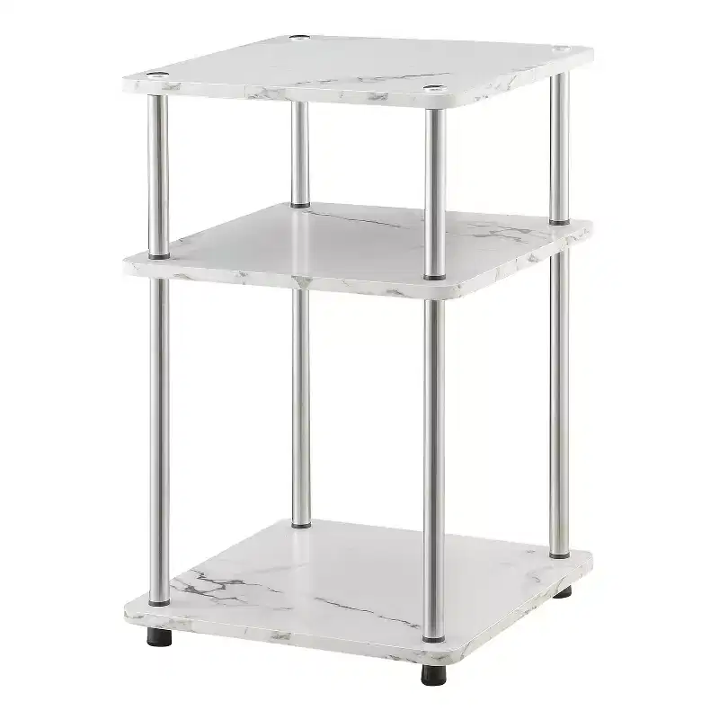 Belmont Three Tier End Table with Stainless Steel Legs, Open Particleboard Shelves, Sleek Contemporary Modern Design