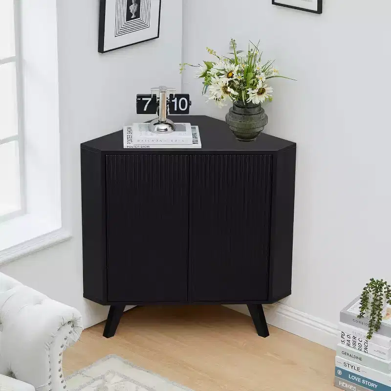 3-Tier Industrial Wooden Corner Table with Doors, Triangle End Table for Living Room, Kitchen, 31.5''x 15.7''x 30.7''