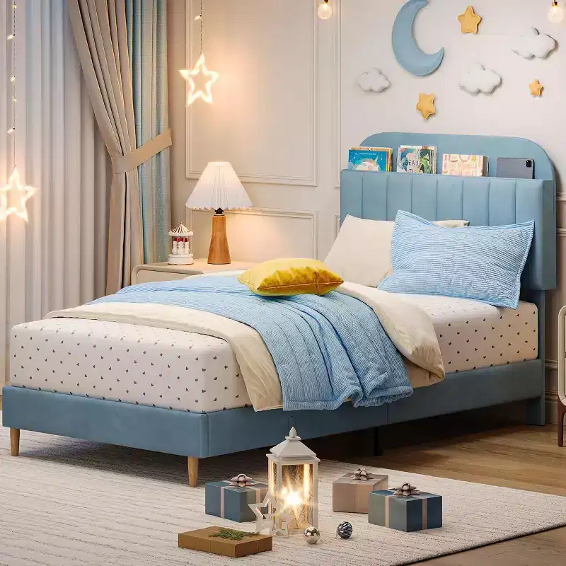 Bed Frame with Storage Headboard, Velvet Upholstered Platform Bed for Kids, Sturdy Wooden Slats, Noise-Free, Easy Assembly, No Box Spring Needed.