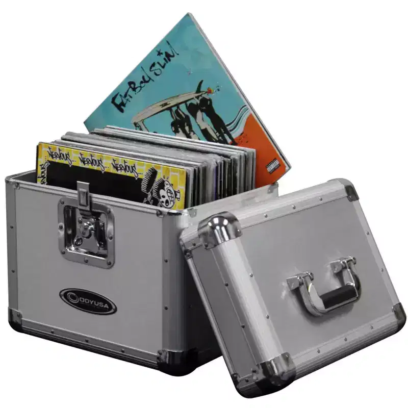 Record Utility Case for 70 Vinyl Records and LPs with Foam-Lined Interior, Secure Lock, and Handle, Silver