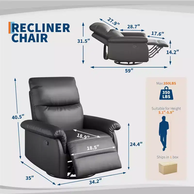 Manual Recliner Chair with Swivel Rocker - PU Leather Adjustable Backrest for Living Room Nursery