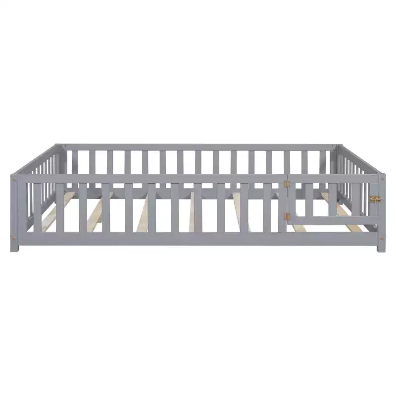 SC 1 Plywood Full Size Floor Platform Bed with Fence and Door for Kids, Montessori Floor Bed Frame Grey