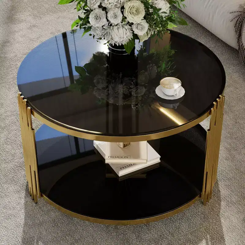 Okak Large Round Ottoman Coffee Table 2-Tier Button Tufted Upholstered Coffee Table with Shelf Storage for Living Room/Office, Space-Saving