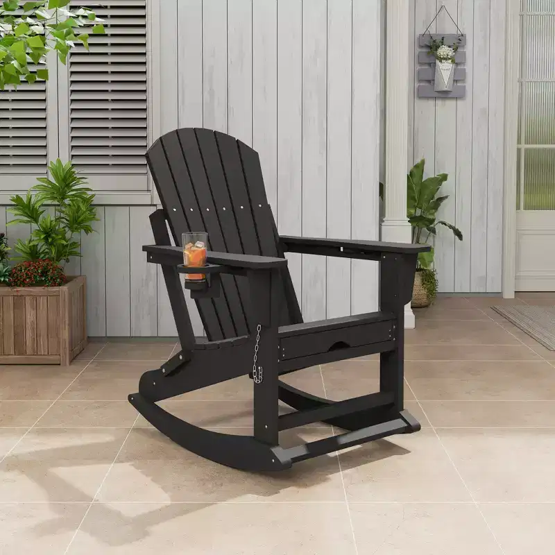 GustoWave Adirondack Outdoor Rocking Chairs with Retractable Ottoman, HDPE All Weather Patio rockers with Cup Holders