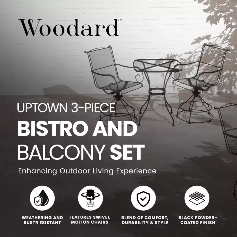 Woodard Uptown 3 Piece Steel Bistro and Balcony Set with Swivel Motion Chairs, Table, 250 Pound Weight Capacity, and Powder Coated Finish, Black