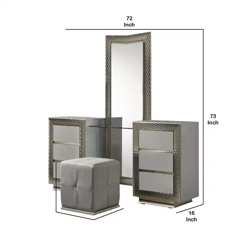 Royal Hampton 3Pc Vanity Dressing Table Set W Stool, Gray, Satin Fabric, Rubberwood