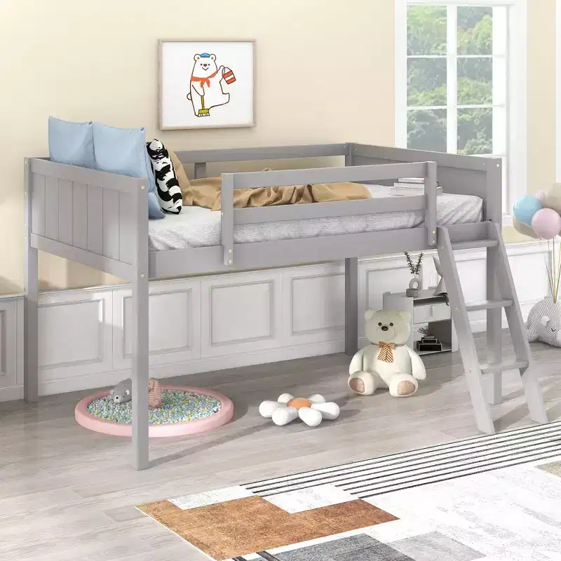 Twin/Full Size Wood Low Loft Bed with Ladder