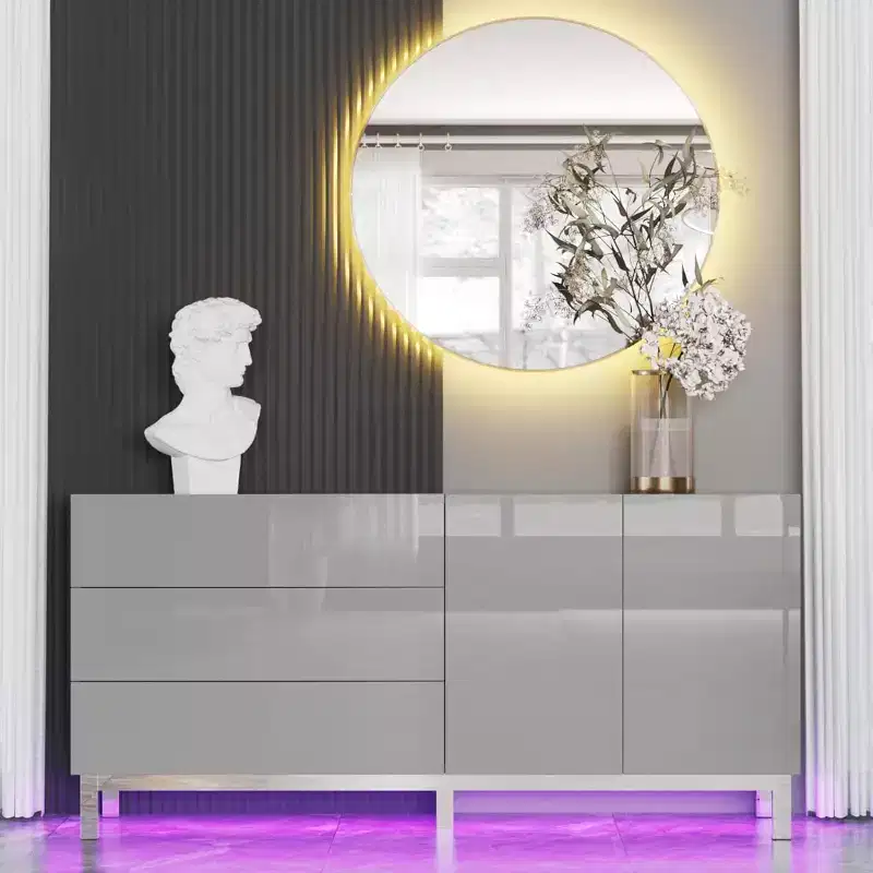 High Gloss Electroplated Sideboard Buffet with LED Lights, 63