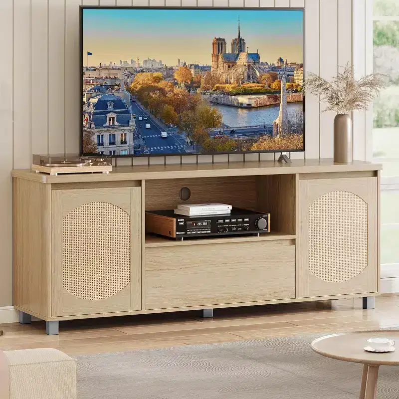 63 Rattan & Oak TV Stand for 70 TVs  Modern Entertainment Center with Storage Drawer & Open Shelves, Media Console for Living Room or Bedroom