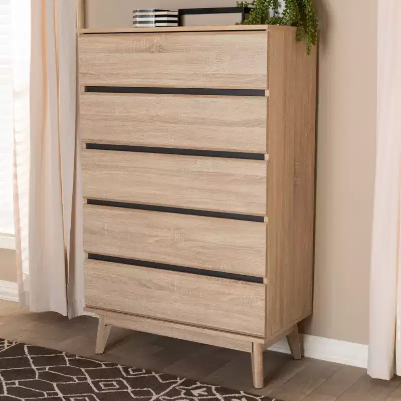 Mirren Light Oak 5 Drawer Chest Brown/Dark Gray: Wood Composite, Vertical Storage, Includes Anti-Tip Hardware