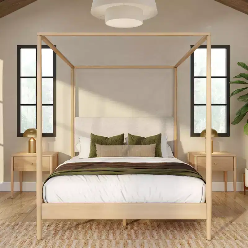 Queen Canopy Bed with Upholstered Headboard Blonde Swiss Coffee