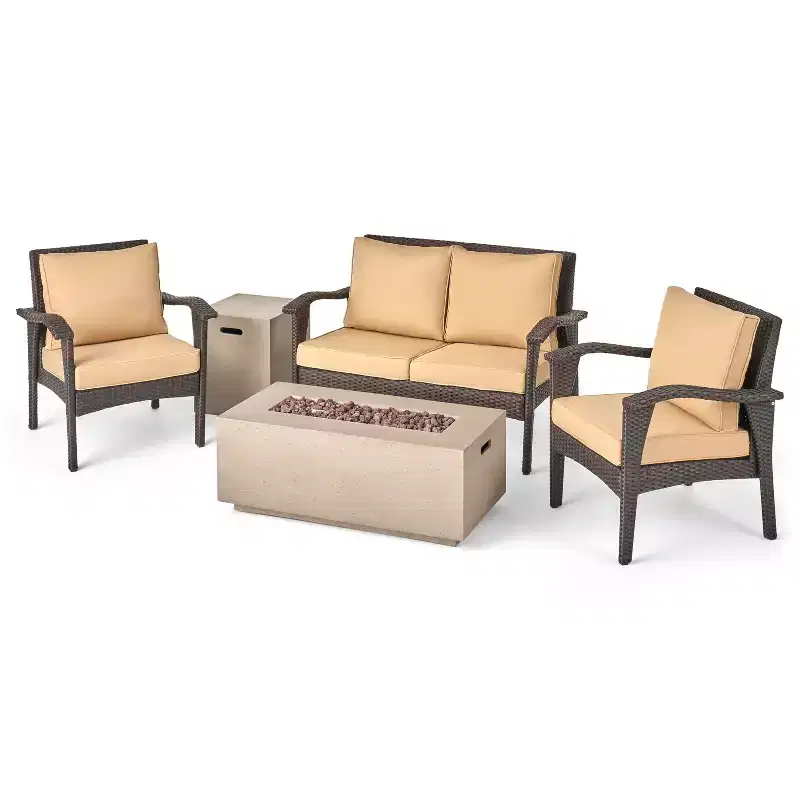 GDFStudio Lucerne Outdoor Wicker 4 Seater Chat Set with Fire Pit