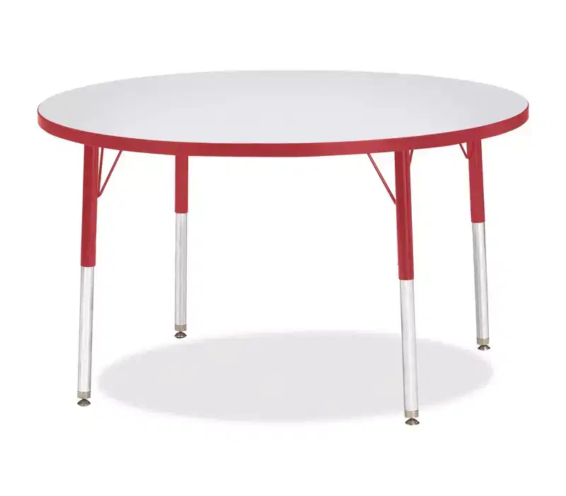 Elementary Height Round Activity Table 42x42, Gray Top, Adjustable Steel Legs, Red Edge