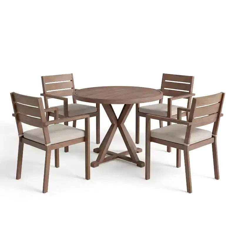 Martha Stewart Bedford 5 Piece Aluminum Patio Set, 4 Stackable Dining Armchairs with Cushions, 36 Round Trestle Base Table, Brushed Woodgrain Finish