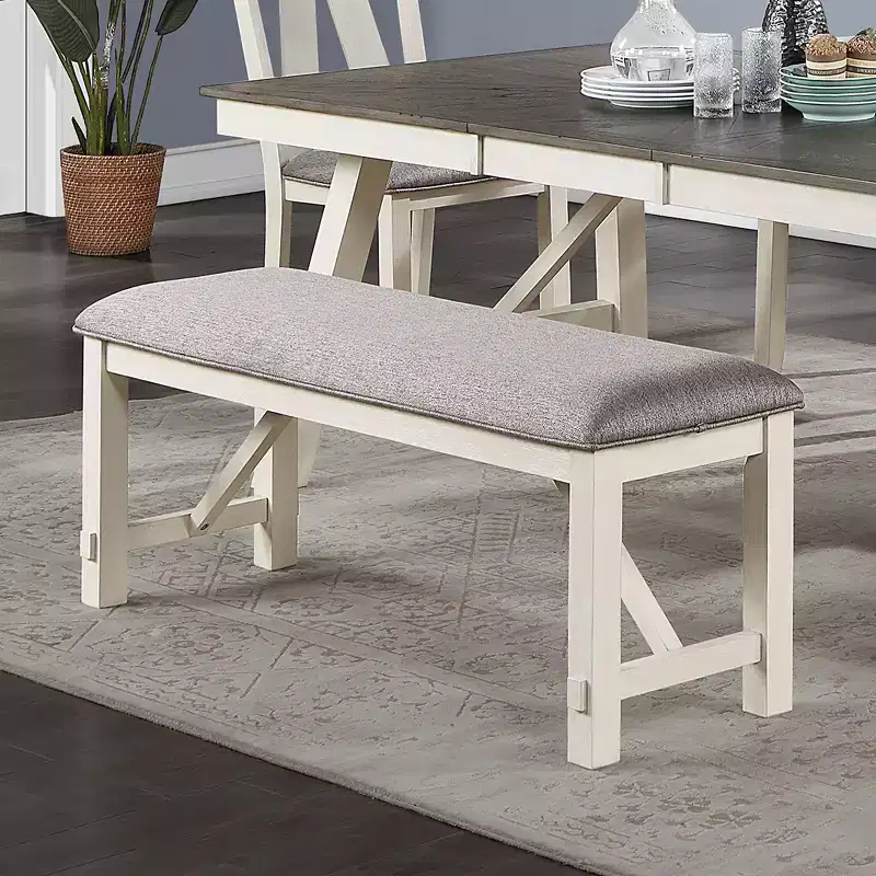 Upholstered Cushion Dining Bench in Grey and White