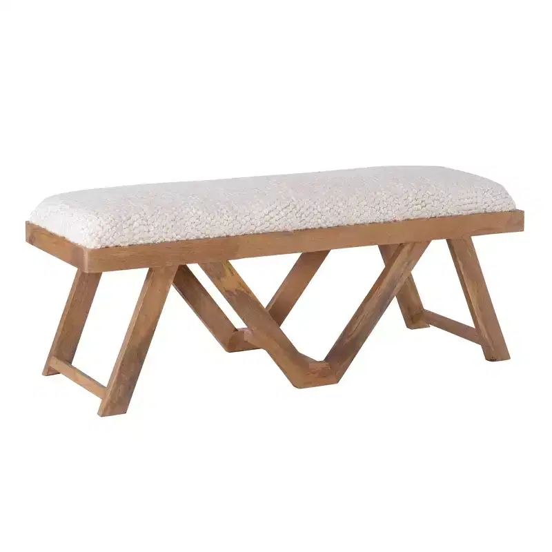 45° Boho Solid Mango Wood Bench Textured Cream Fabric Upholstered Bench Brown