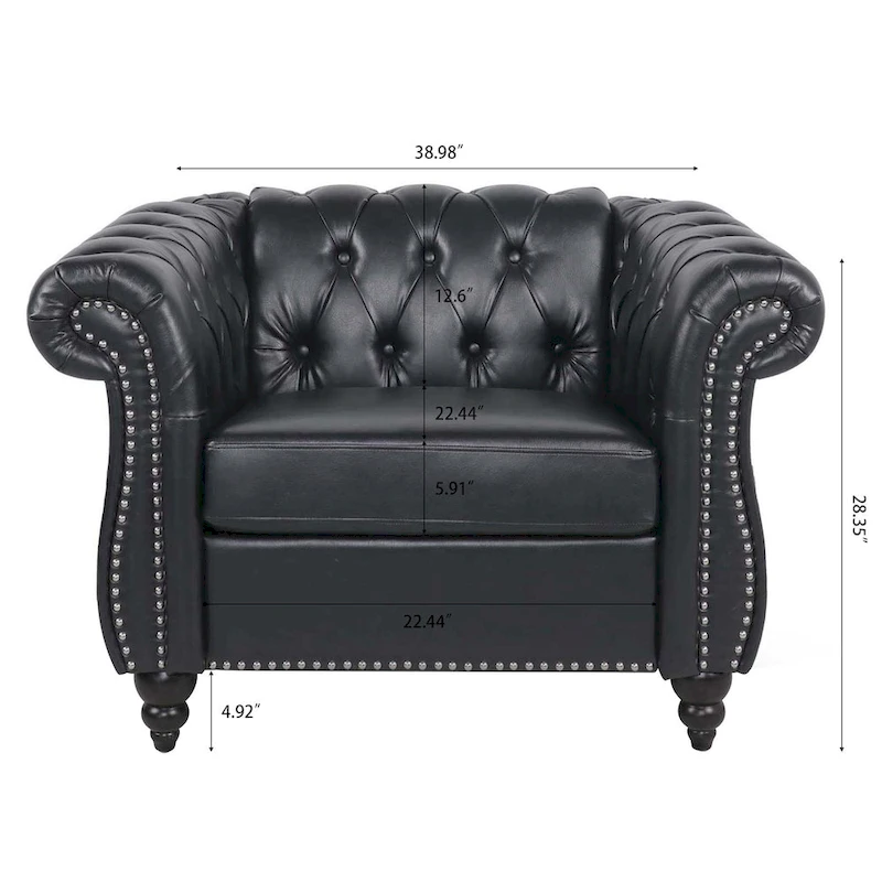 Classically Elegant 84.65 Three-Seater Rolled Arm Chesterfield Sofa in PU Leather - Sturdy Birch Legs, Soft Upholstery