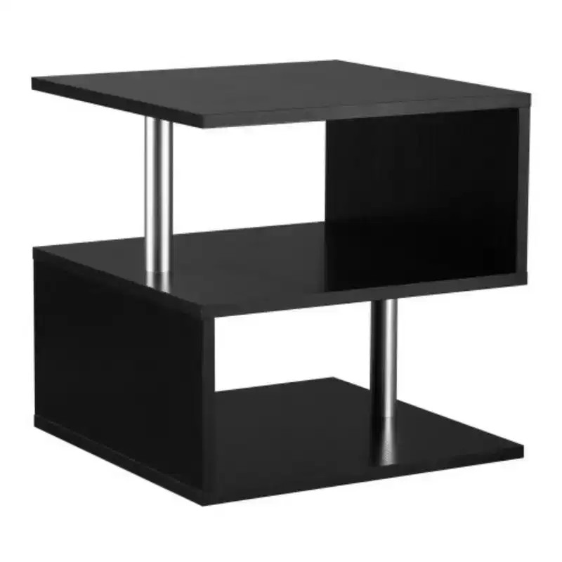 Contemporary End Table, Decorative Side Table, S-Curved Coffee Table with Storage Shelf and Metal Legs, Black
