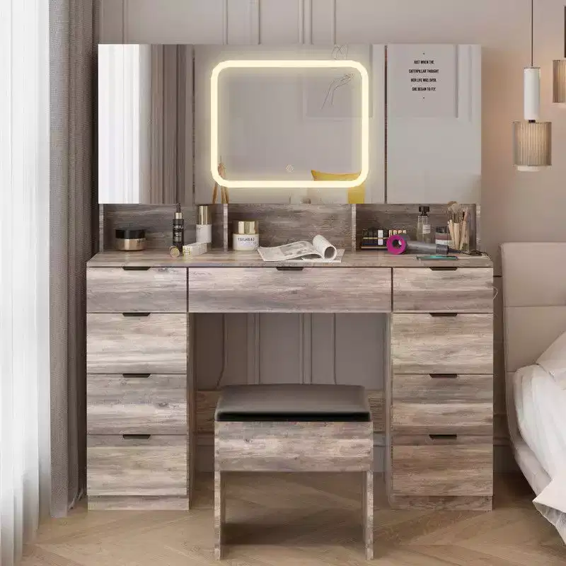 Gray Particle Board Laminated with Textured Melamine, 9-Drawer 3-Mirror Cabinet Dressing Table Set