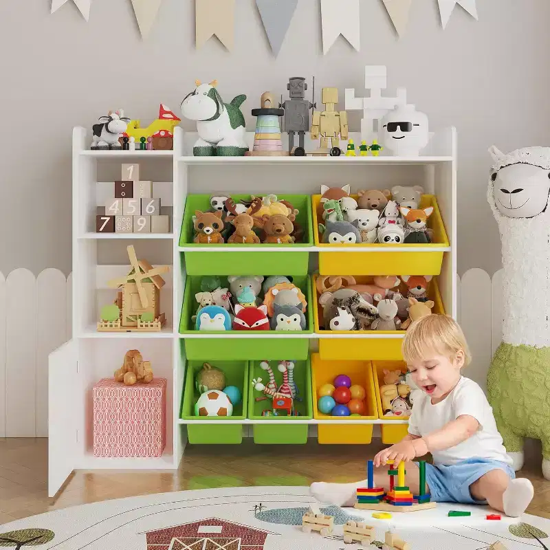 GustoWave Kids Toy Storage Unit, Children's Bookcase Storage Unit, Toy Organiser with 8 Removable Toy Bins & Storage Shelves