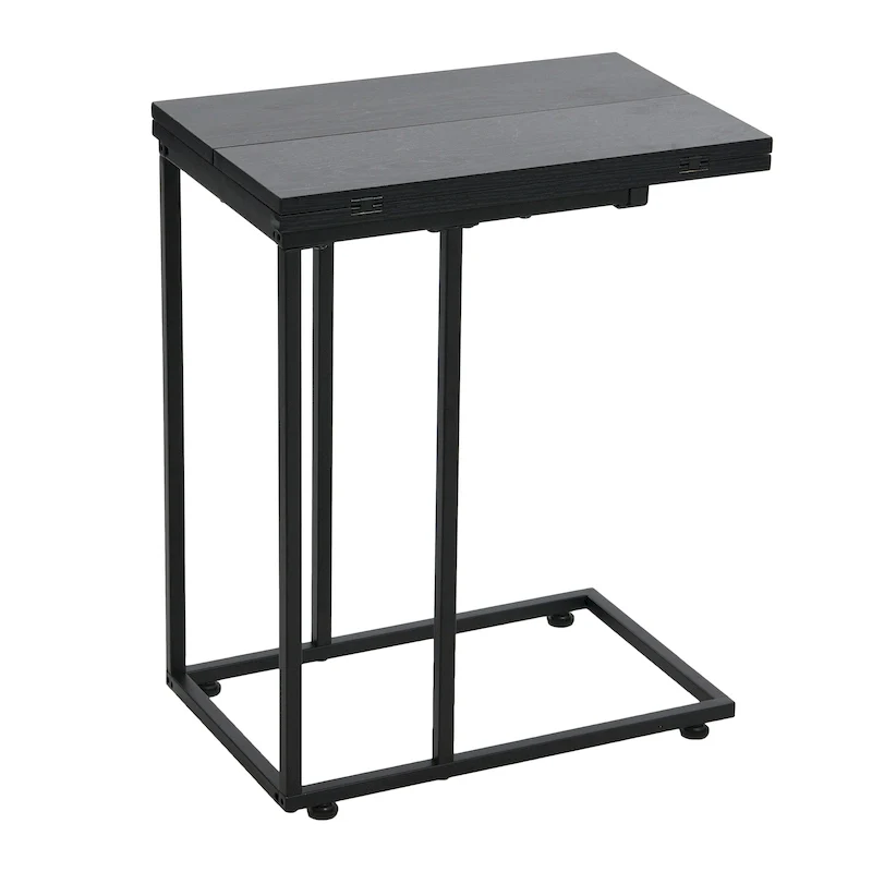 C-Shape Side Table, Faux Stone Top, Black Frame, Space-Saving Design